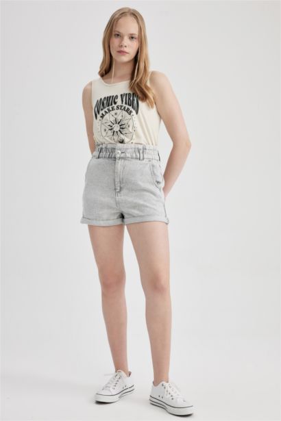 Paperbag Fit Denim High waist Folded Leg Shorts