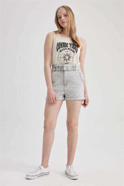 Paperbag Fit Denim High waist Folded Leg Shorts