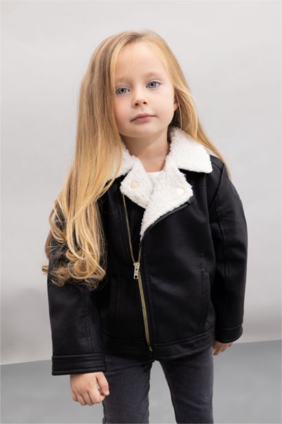 Manteau en faux cuir imperméable doublé de peluche pour bébé fille
