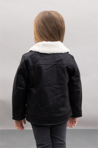Manteau en faux cuir imperméable doublé de peluche pour bébé fille