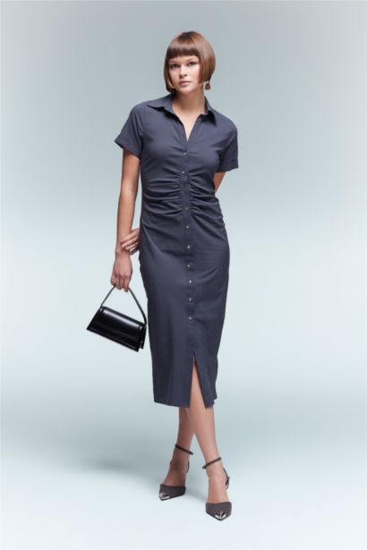 Shirt Collar Buttoned Half Sleeve Midi Dress