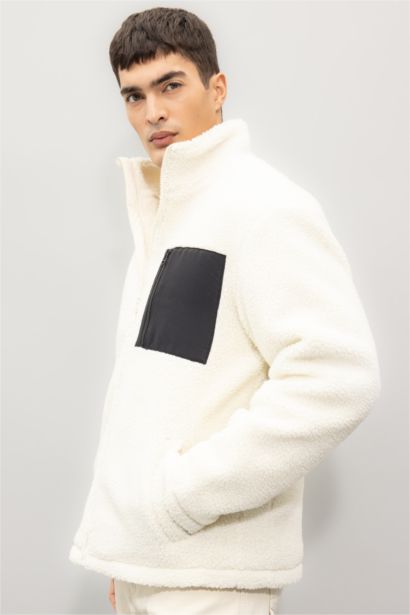 Slim Fit Dar Kesim Dik Yaka Fermuarlı Cepli Pelüş Mont