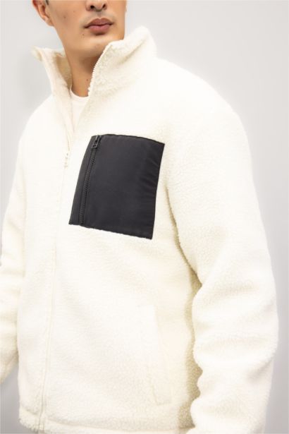 Slim Fit Dar Kesim Dik Yaka Fermuarlı Cepli Pelüş Mont