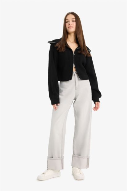 Slim Fit Polo Collar Zippered Knit Cardigan