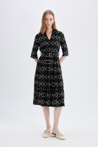 Shirt Collar Floral Half Sleeve Midi Dress