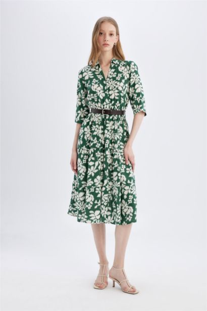 Shirt Collar Half Sleeve Floral Midi Dress
