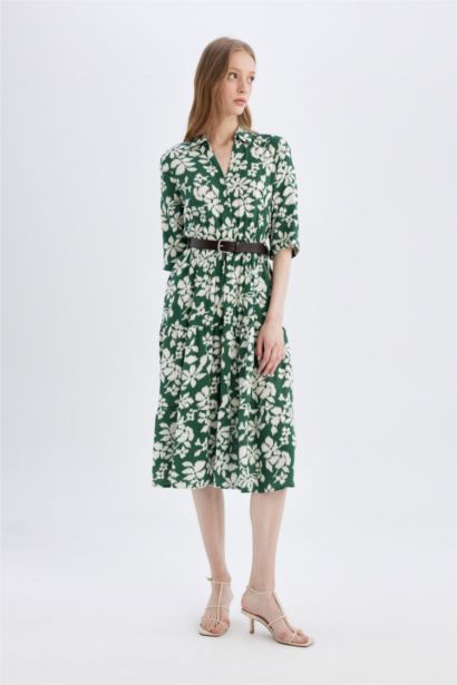 Shirt Collar Half Sleeve Floral Midi Dress
