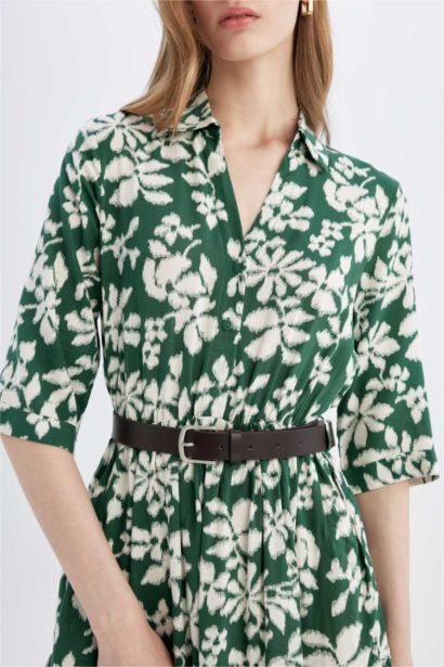Shirt Collar Half Sleeve Floral Midi Dress