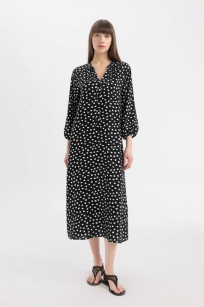 Grandad Collar Printed Raglan Sleeves Midi Dress