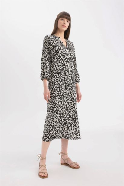 Grandad Collar Printed Raglan Sleeves Midi Dress