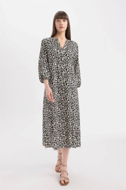 Grandad Collar Printed Raglan Sleeves Midi Dress