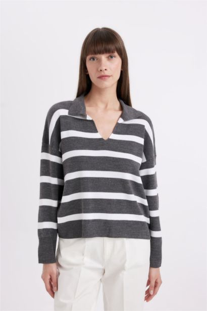 Relax Fit Polo Collar Striped Knitwear Pullover