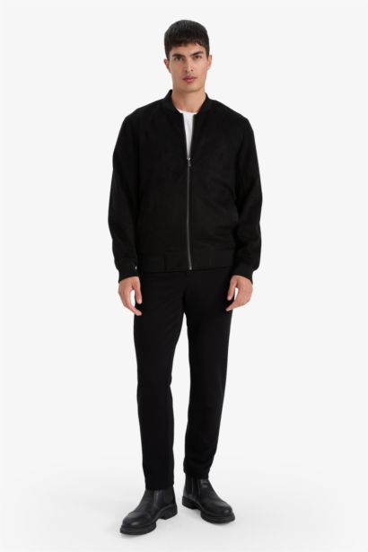 Slim Fit Zippered Lined Suede Bomber Jacket