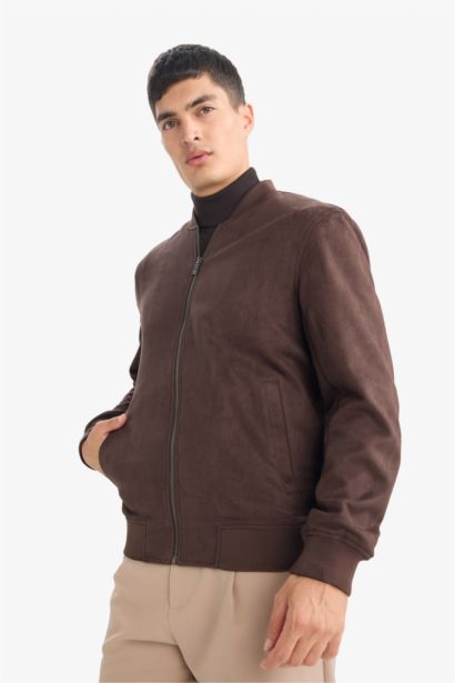 Slim Fit Lined Suede Lined Bomber Jacket