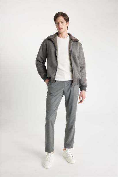 Slim Fit Dar Kesim Kürklü Polo Yaka Astarlı Fermuarlı Cepli Süet Mont