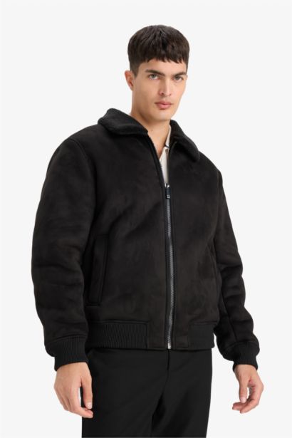 Slim Fit Shearling Polo Collar Lined Suede Jacket