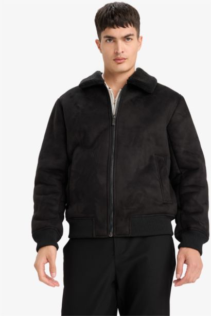 Slim Fit Shearling Polo Collar Lined Suede Jacket