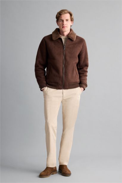 Slim Fit Dar Kesim Kürklü Polo Yaka Astarlı Fermuarlı Cepli Süet Mont