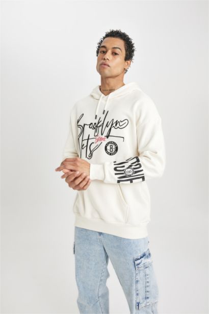 NBA Brooklyn Nets Oversize Geniş Kalıp Kapüşonlu Cepli Kalın Sweatshirt