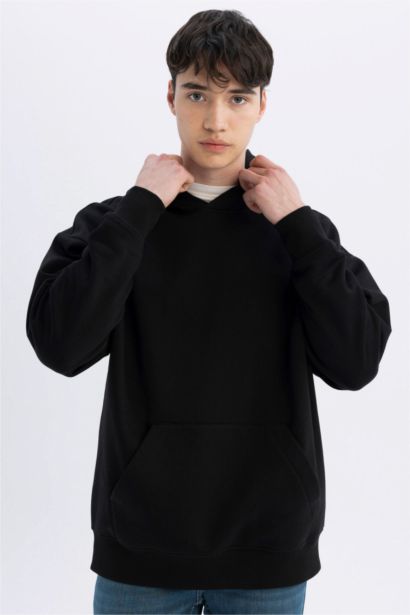Siyah Oversize Geniş Kalıp Kapüşonlu Kanguru Cepli Basic Düz Sweatshirt