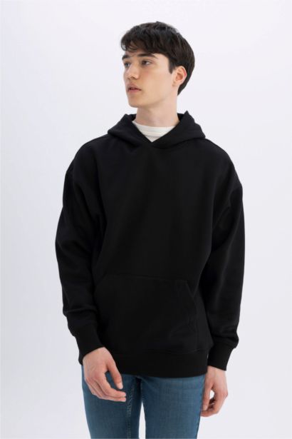 Siyah Oversize Geniş Kalıp Kapüşonlu Kanguru Cepli Basic Düz Sweatshirt