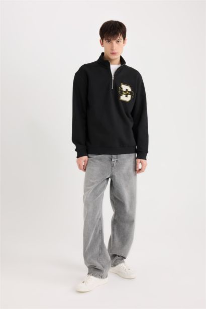 Regular Fit Dik Yaka Fermuarlı Baskılı Sweatshirt