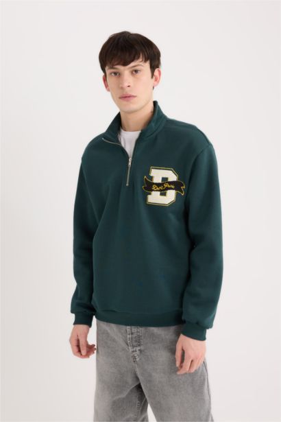 Regular Fit Dik Yaka Fermuarlı Baskılı Sweatshirt