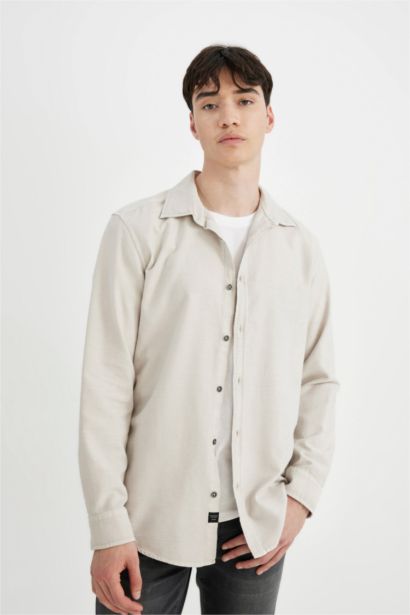 Beige Slim Fit Polo Collar Basic Cotton Shirt