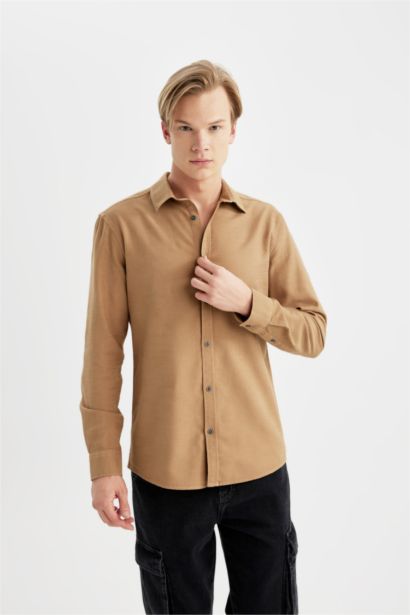 Slim Fit Polo Collar Cotton Long Sleeve Shirt