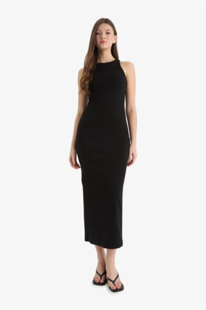 Bodycon Vücudu Saran Halter Yaka Fitilli Kaşkorse Kolsuz Maxi Siyah Yazlık Elbise