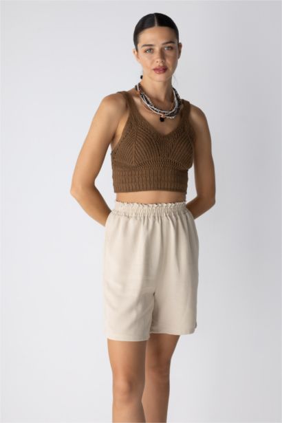 Paperbag Waist Wide Leg Linen Blended Shorts