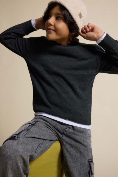 بلوفر اولادي تريكو قصة عادية برقبة مستديرة ميلانج أنترا