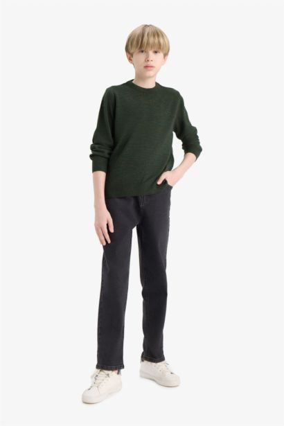 بلوفر اولادي تريكو قصة عادية برقبة مستديرة كاكي داكن