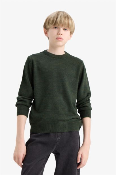 بلوفر اولادي تريكو قصة عادية برقبة مستديرة كاكي داكن