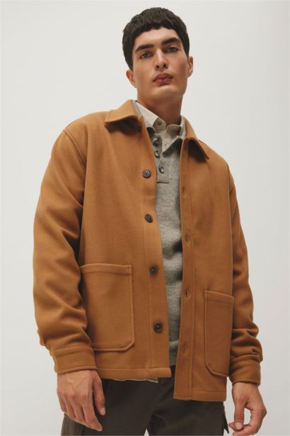 Relax Fit Polo Yaka Yün Görünümlü Uzun Kollu Gömlek Ceket