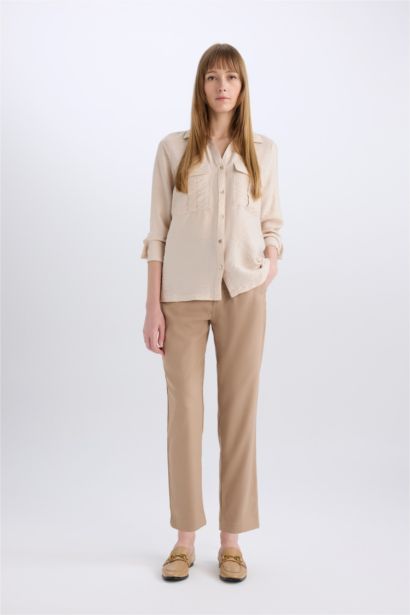 Slım Fıt Cepli Yüksek Bel Kısa Paça Basıc Kumaş Pantolon