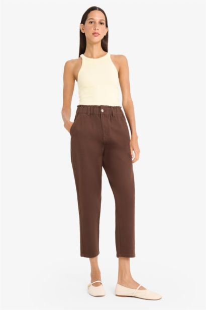 Paperbag High Waist Straight Leg Gabardine Trousers