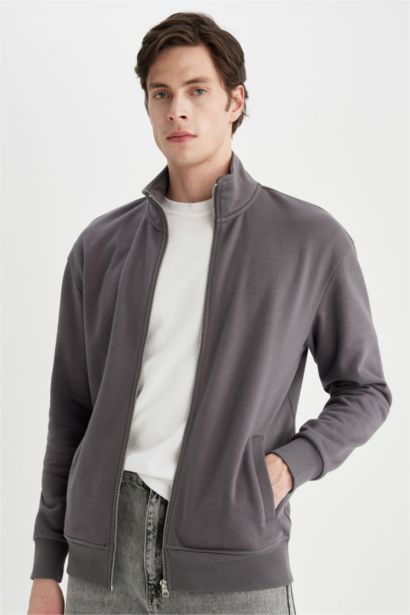 Comfort Regular Fit Rahat Kalıp Dik Yaka Cepli Basic Düz Fermuarlı Sweatshirt