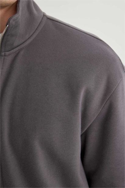 Comfort Regular Fit Rahat Kalıp Dik Yaka Cepli Basic Düz Fermuarlı Sweatshirt