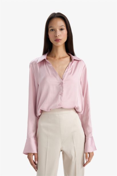 Regular Fit Shirt Collar Satin Long Sleeve Shirt