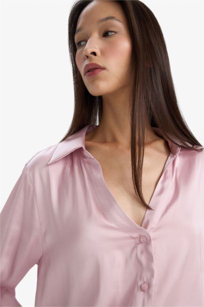 Regular Fit Shirt Collar Satin Long Sleeve Shirt