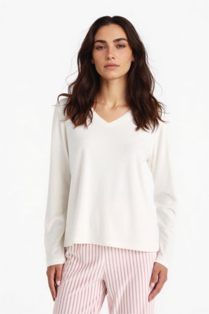 Pijama Takımı Regular Fit Uzun Kollu Velur Üst Çizgili Uzun Alt