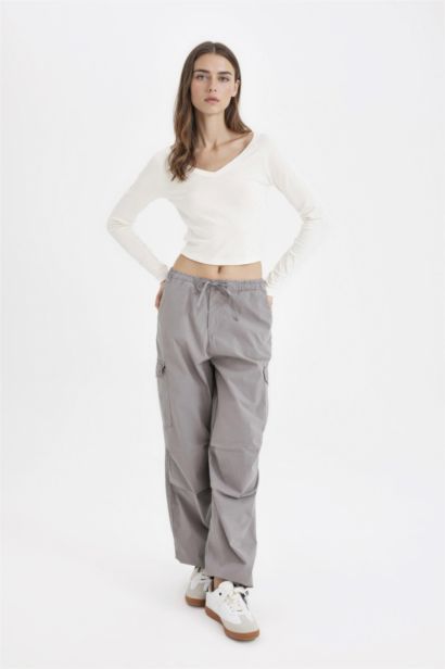Parachute Waist Elasticated Pocketed Basic Poplin Gray Trousers