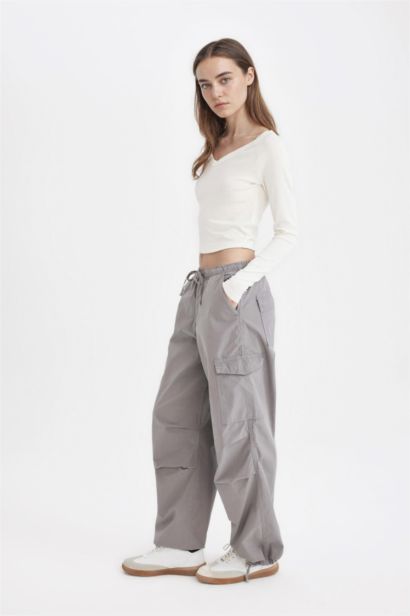 Parachute Waist Elasticated Pocketed Basic Poplin Gray Trousers