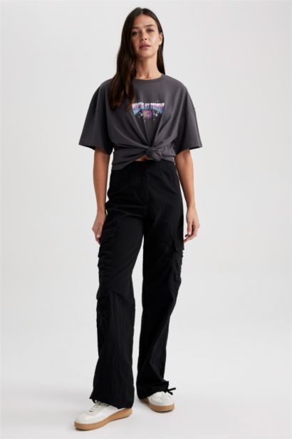 تيشيرت اوفر سايز قطن مطبوع بياقة مستديرة