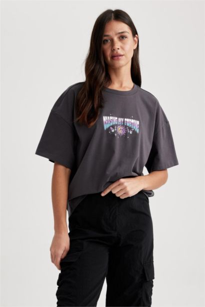 تيشيرت اوفر سايز قطن مطبوع بياقة مستديرة