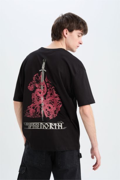 Oversize Fit Vikings Valhalla Crew Neck Printed Short Sleeve T-Shirt