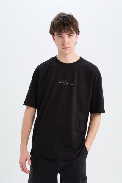 Oversize Fit Vikings Valhalla Crew Neck Printed Short Sleeve T-Shirt