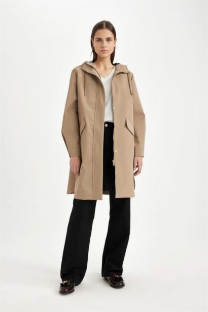 Su Geçirmez Uzun Mevsimlik Yağmurluk Oversize Geniş Kalıp Kapüşonlu Fermuarlı Cepli