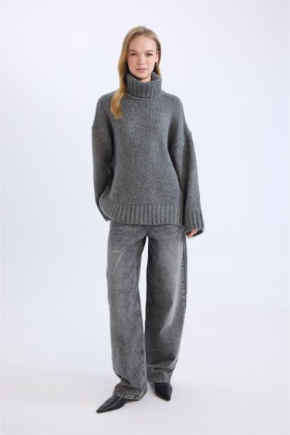 Oversize Geniş Kalıp Balıkçı Yaka Basic Düz Triko Kazak Tunik